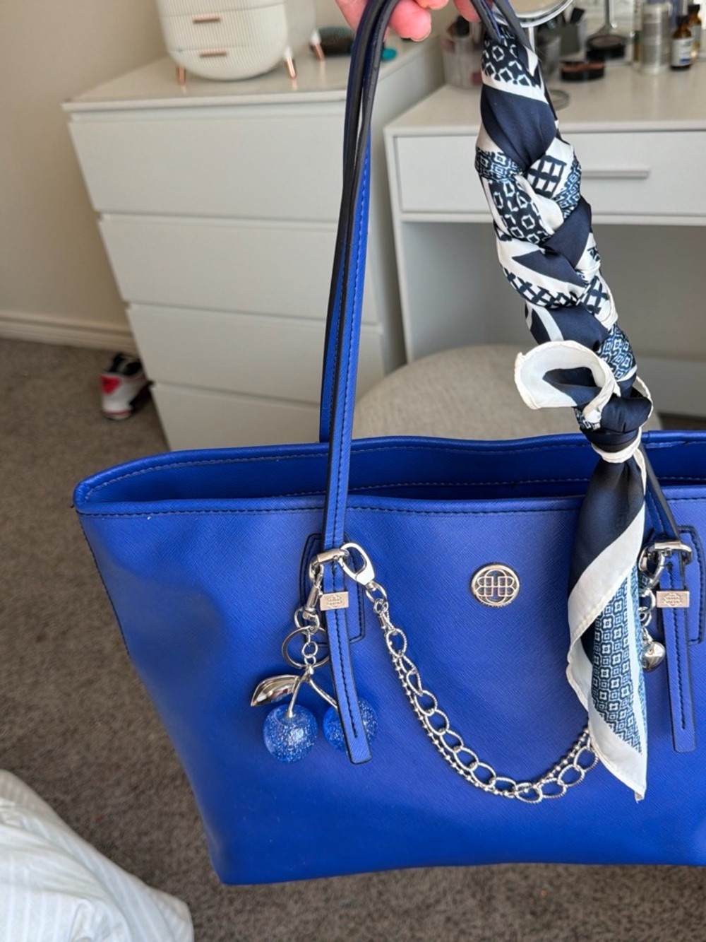 Dana Buchman Royal Blue Tote with Chain Charm and Patterned Scarf